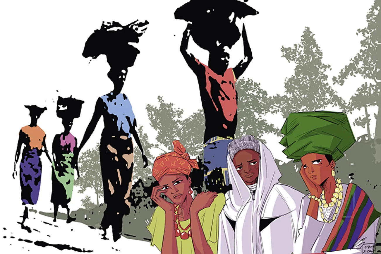 Frauen in bunter Kleidung tragen Waren auf ihren Köpfen