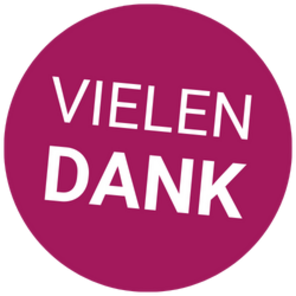 Brombeerfarbener Kreis mit mit weißer Aufschrift in Großbuchstaben: VIELEN DANK