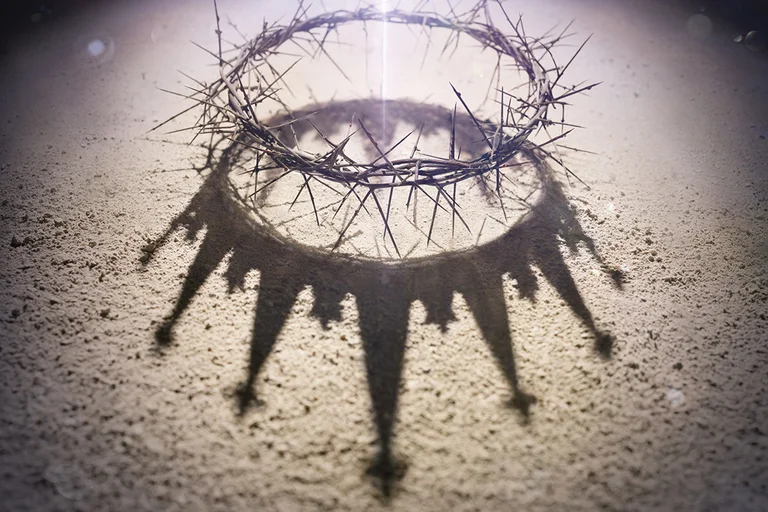 Eine Dornenkrone mit langen Dornen steht auf einer Sandfläche. Sie wird von einem hellen Licht bestrahlt und wirft einen Schatten, der eine Krone darstellt.