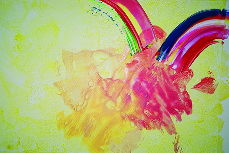 Ein Bild mit Pinsel und Tusche gefertig - es enthält gelbe und rosane Farben, sowie die Regenbogenfarben - es symbolisiert Trinitates