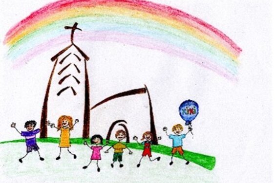 Kinder, die vor einer Kirche spielen und tanzen - Copyright: bearbeitet von Jutta Schapitz