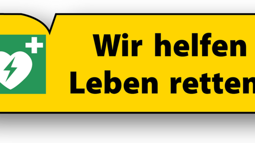 Ein gelbes Logo mit schwarzer Umrandung - Text: Wir helfen Leben retten und einem grünem Icon auf der linken Seite mit einem weißem Herz, welches ein grünes Blitzzeichen in der Mitte hat, rechts neben dem Herz ist ein Pluszeichen zu sehen