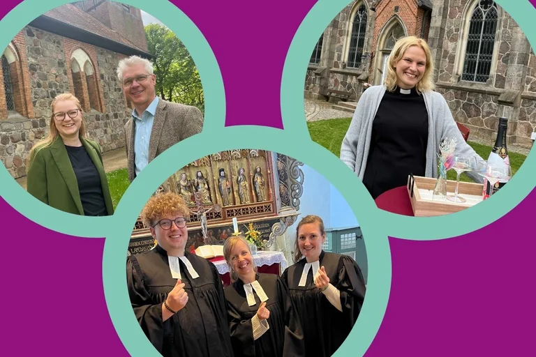 Collage aus drei Fotos mit Pastoren vor und in Kirchen